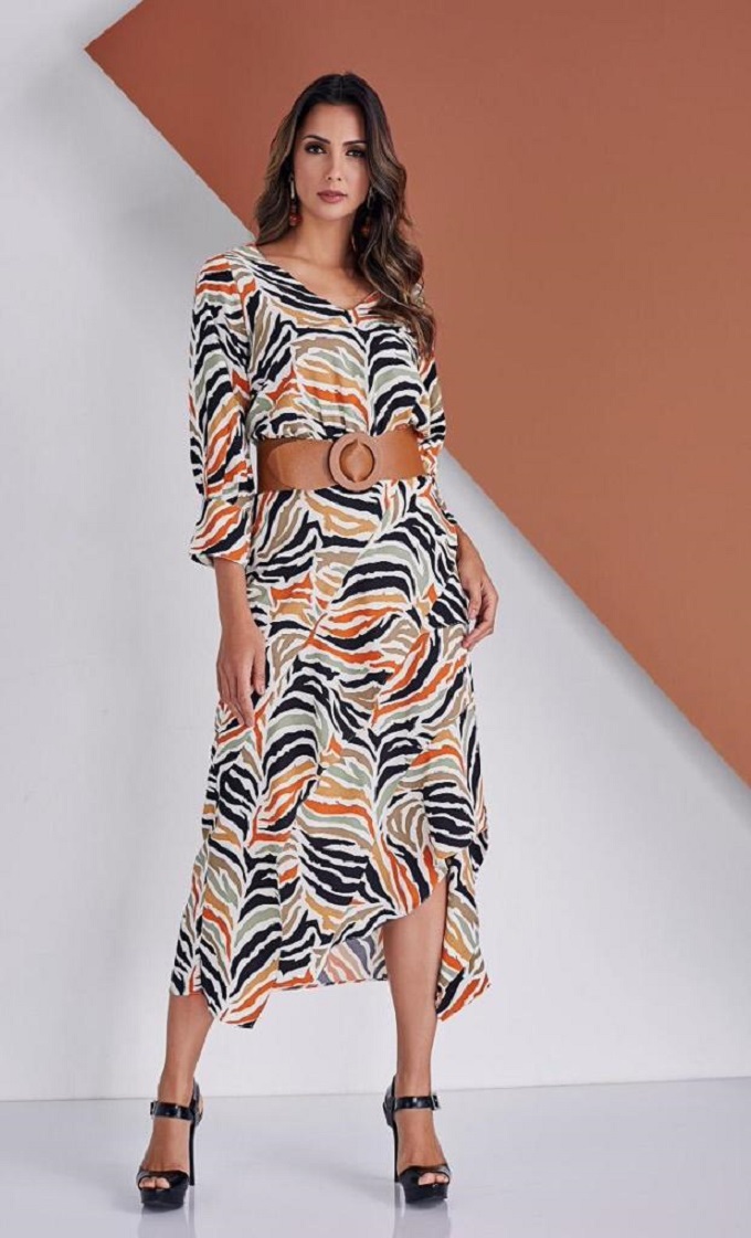 Vestido midi saia c/babado off/colorido
